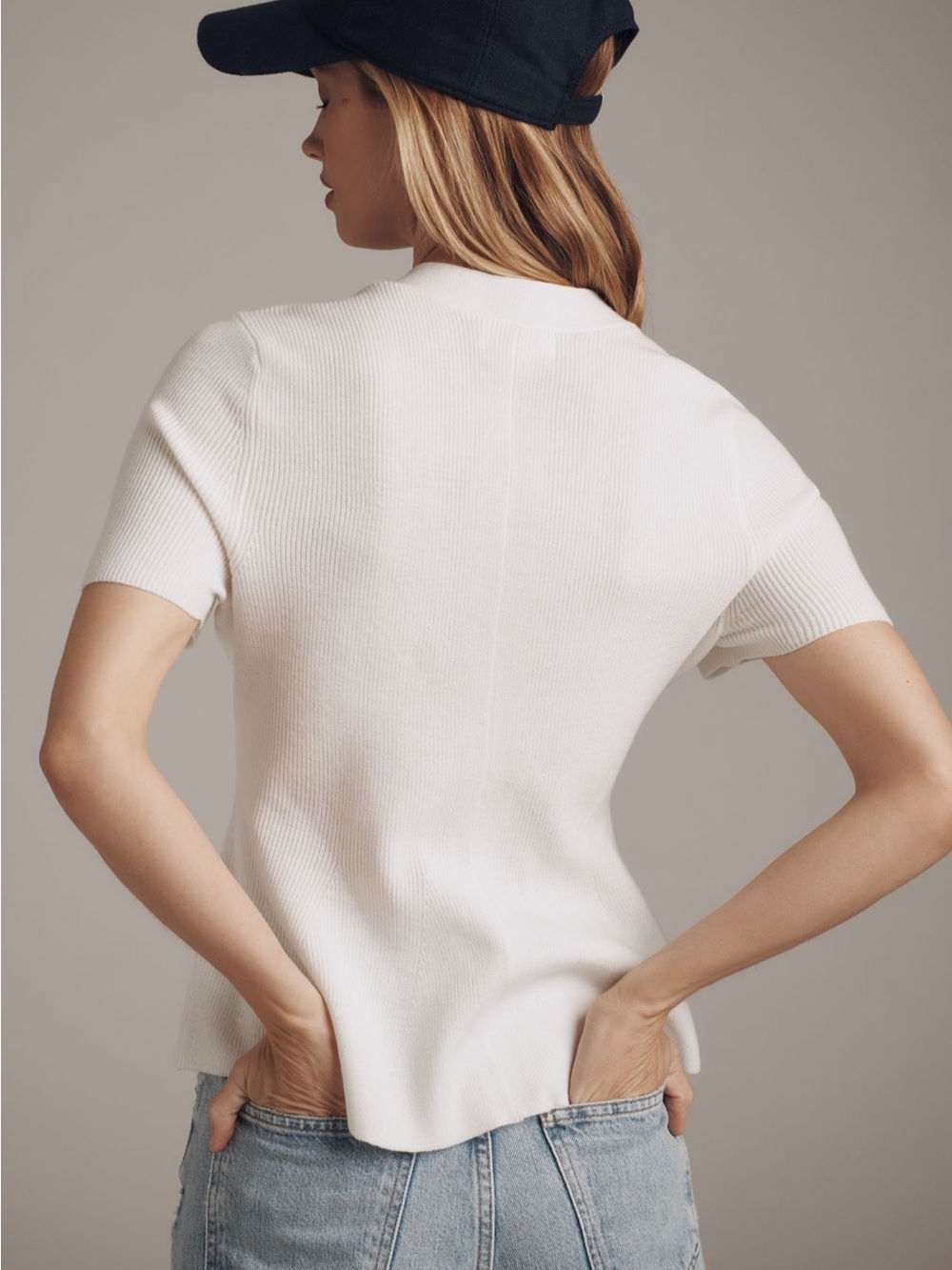 Maeve White Ribbed Short-Sleeve Button Cardigan - Picture 2 of 6